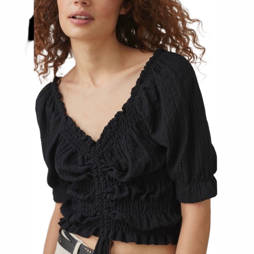 Anthro Pilcro Puff Sleeved Crop Top in Black size L NWT - Picture 1 of 16